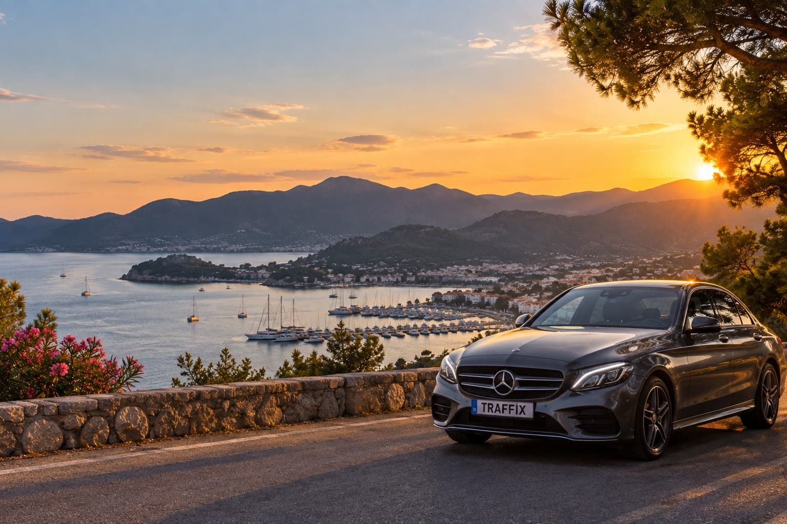 TRAFFIX plakalı Mercedes, gün batımında koya bakan sahil yolunda